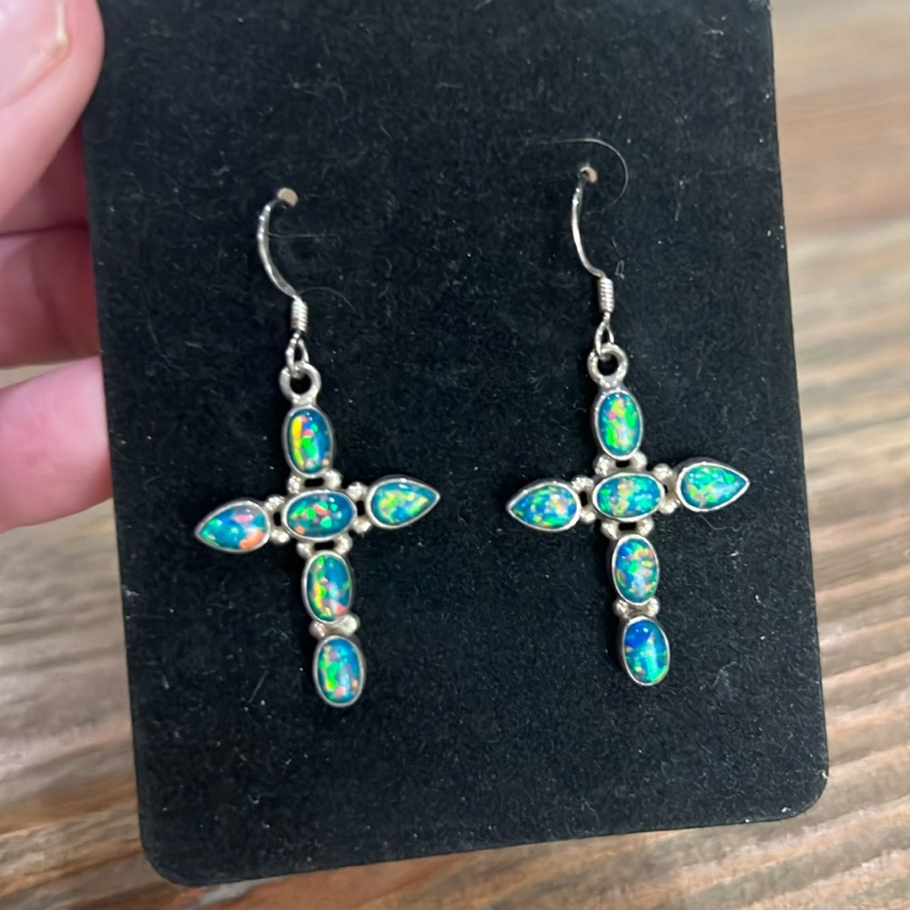 Sterling Silver Fire Opal Cross Earrings